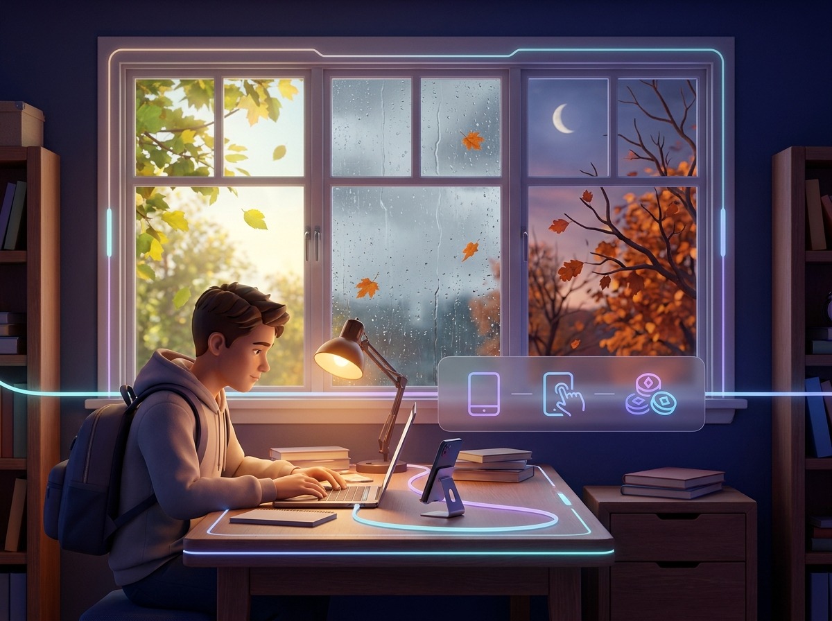 A student studies at home, the seasons change
