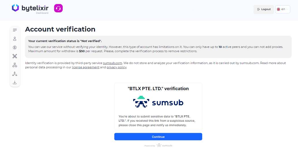 Account verification for ByteLixir, the bandwidth-sharing app