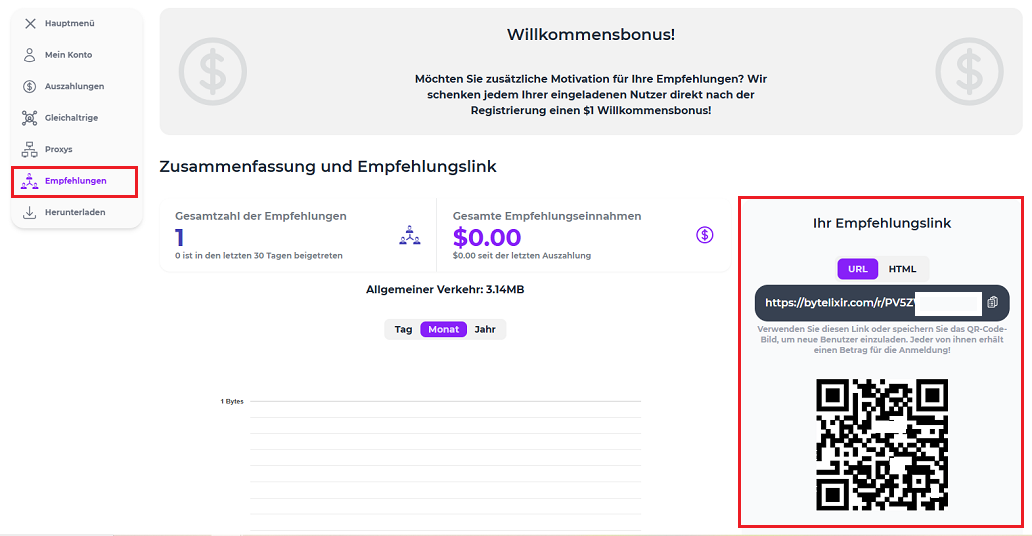 Empfehlungslink, um Ihre Bandbreite mit ByteLixir zu verkaufen