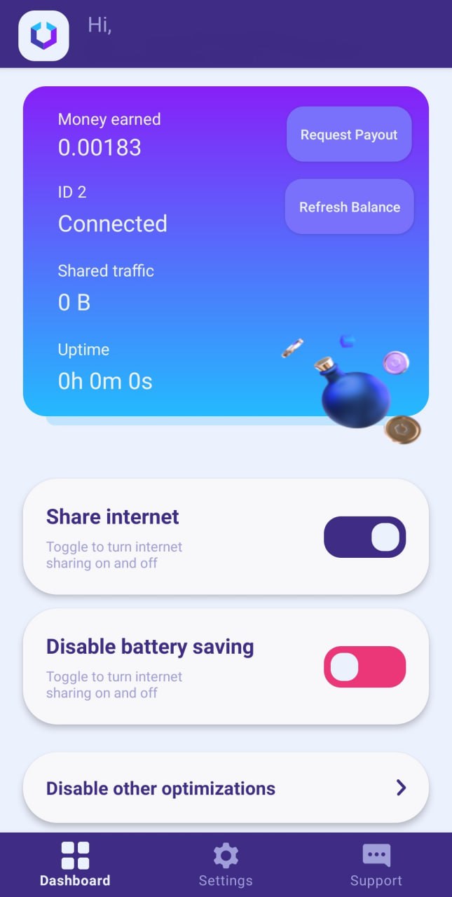 Where to check the earning from selling the internet for crypto