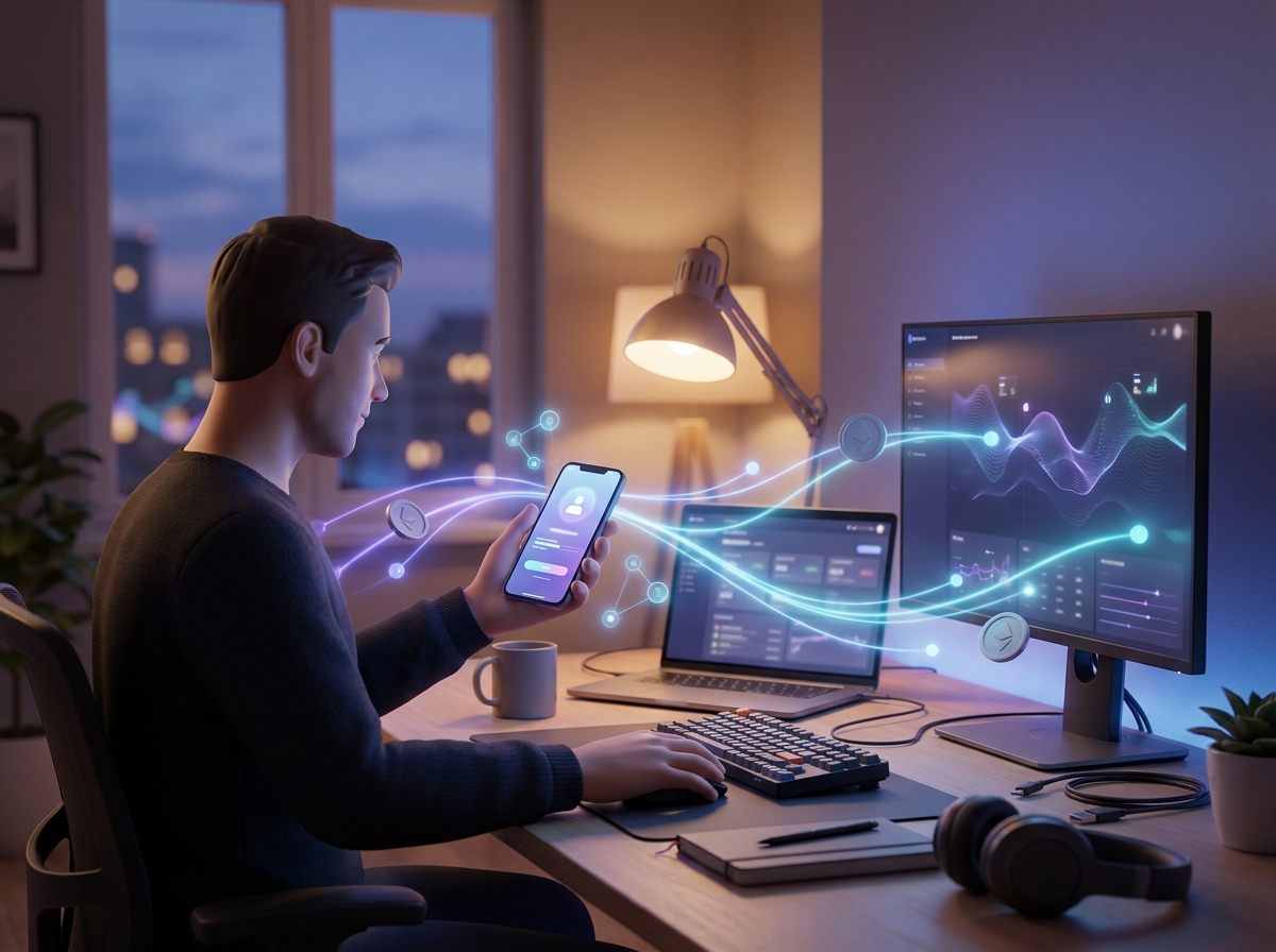 A freelancer installs an app for passive income.
