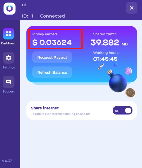 Sell your bandwidth with ByteLixir: sum of money earned